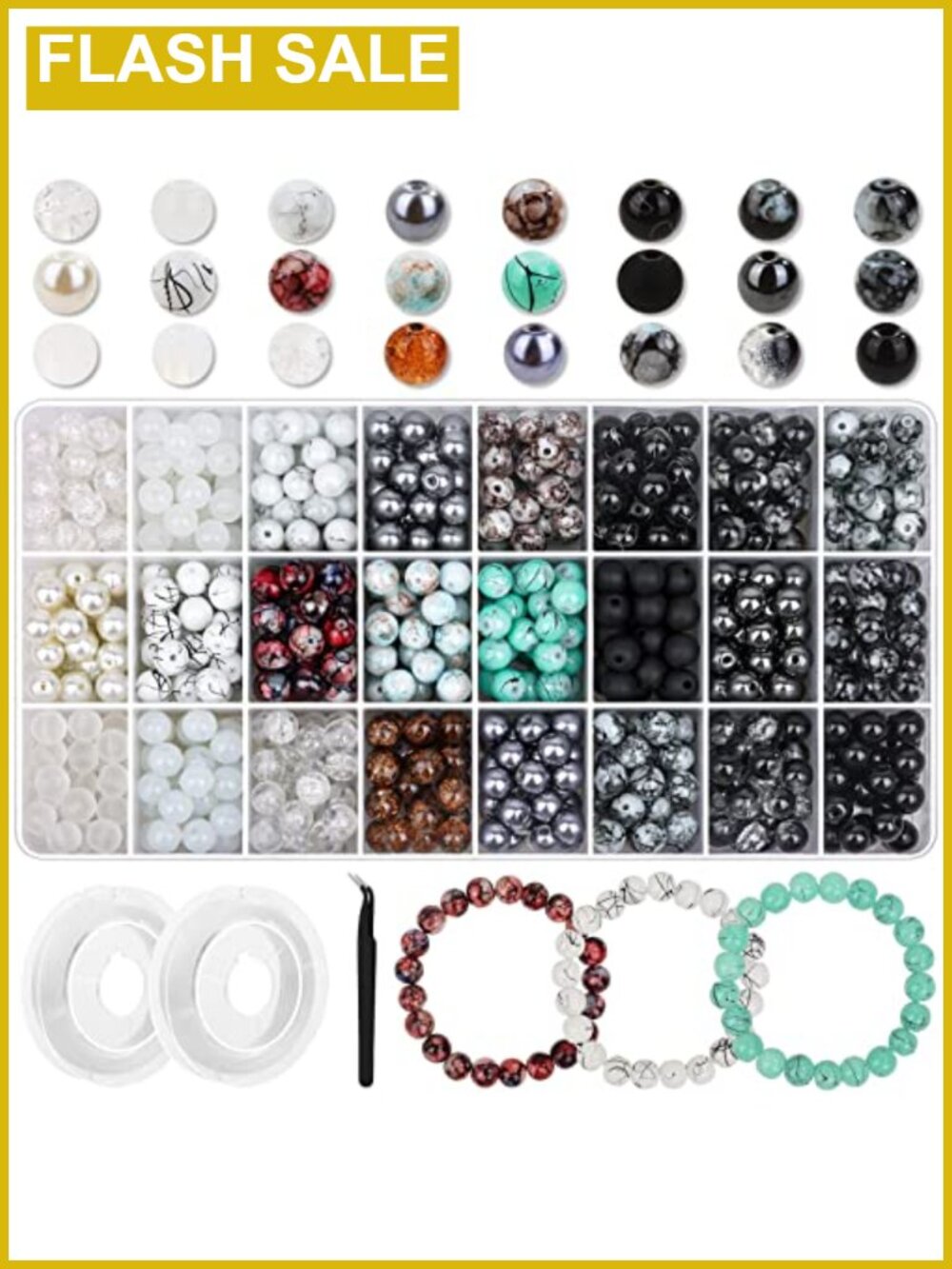 840pc 8mm Glass Beads 24 Colors Round Marble Jewelry Making Kit